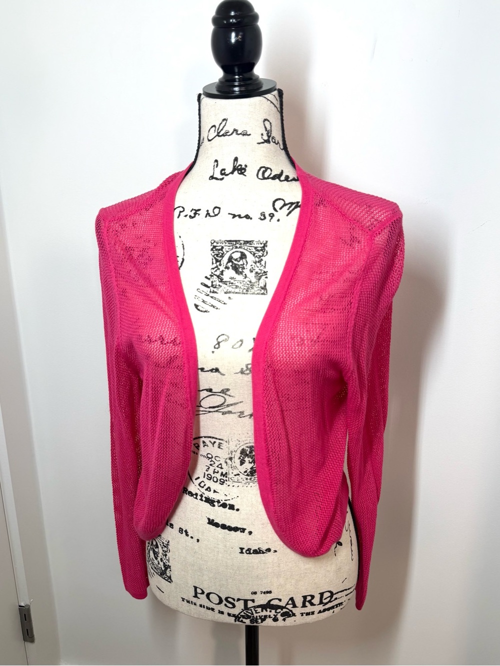 Talbots Open-Front Fuchsia Hot Pink Crochet Knit Shrug Sweater Cardigan Coastal